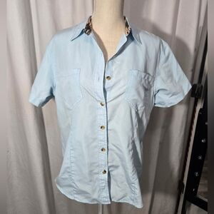 Game Guard Original Women's Blue Button Up Blouse Camo Neckline Detail Sz Large